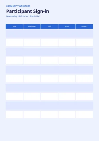 Sign-in Sheet — Bold Indigo — editable white printable list template, a4 print
