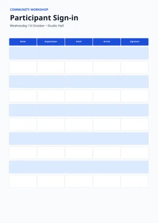 Sign-in Sheet — Clear Blue — editable white printable list template, a4 print