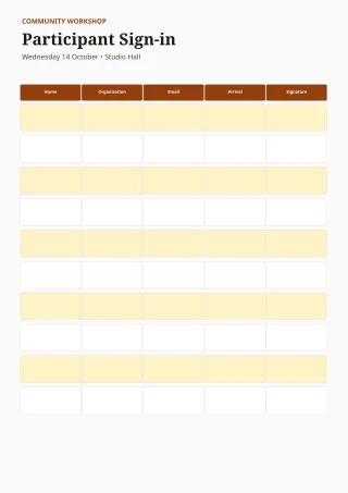 Sign-in Sheet — Editorial Amber — editable white printable list template, a4 print
