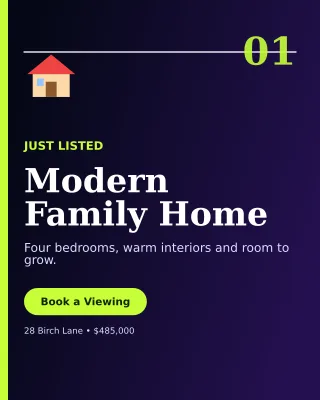 Editorial New Listing Poster — editable black real estate template, instagram portrait