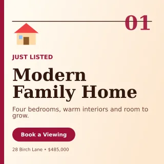 Editorial New Listing Social Post — editable white real estate template, instagram post