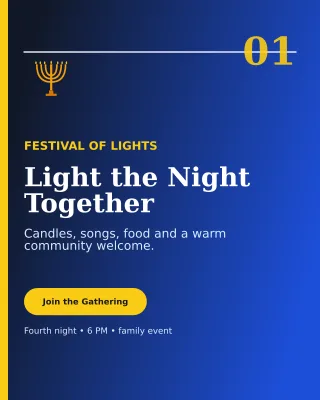 Editorial Hanukkah Gathering Invitation — editable blue religious event template, instagram portrait