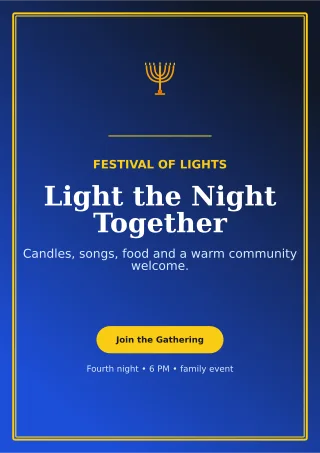 Luxe Hanukkah Gathering Ceremony Poster — editable blue religious event template, a4 print