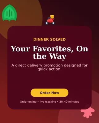 Botanical Food Delivery Offer Poster — editable black restaurant template, instagram portrait