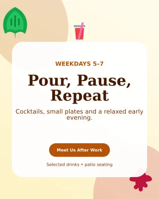 Botanical Happy Hour Offer Poster — editable white restaurant template, instagram portrait