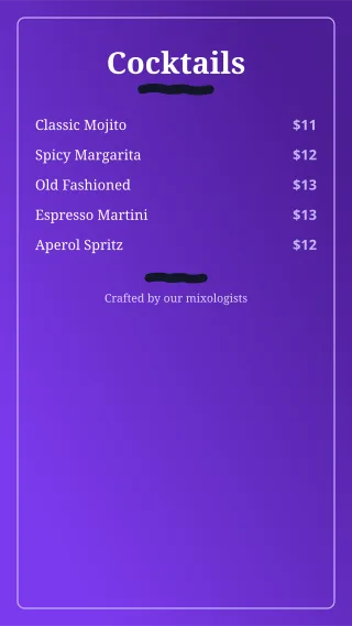 Cocktail Menu — editable purple restaurant template, story / reel