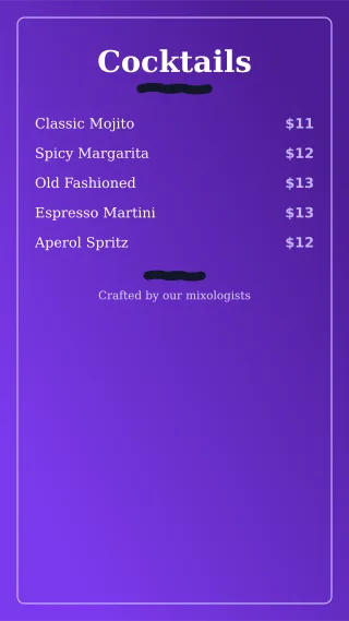 Cocktail Menu — editable purple restaurant template, story / reel
