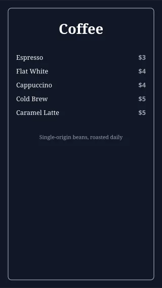 Coffee Menu — editable blue restaurant template, story / reel