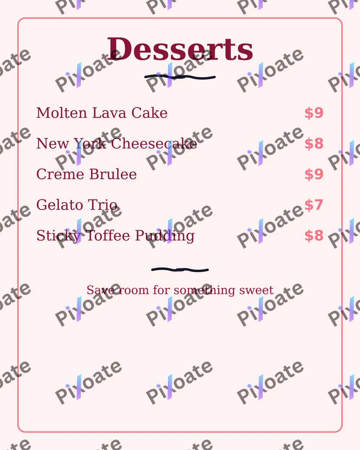 Dessert Menu Dessert Menu — editable white restaurant template, instagram portrait