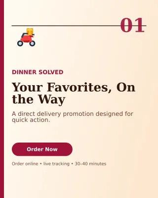 Editorial Food Delivery Offer Poster — editable white restaurant template, instagram portrait