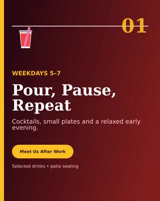Editorial Happy Hour Offer Poster — editable black restaurant template, instagram portrait
