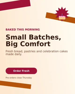 Kinetic Bakery Promotion Offer Poster — editable white restaurant template, instagram portrait