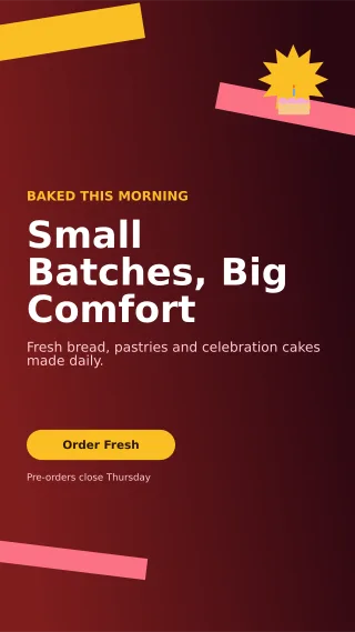 Kinetic Bakery Promotion Story — editable black restaurant template, story / reel