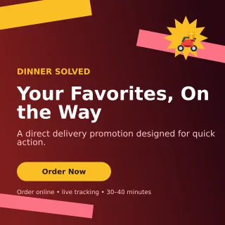 Kinetic Food Delivery Social Post — editable black restaurant template, instagram post