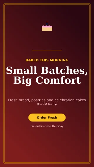 Luxe Bakery Promotion Story — editable black restaurant template, story / reel
