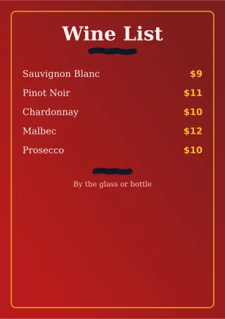 Wine List Wine List — editable red restaurant template, a4 print
