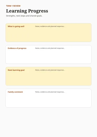 Student Progress Report — Editorial Amber — editable white teacher template, a4 print
