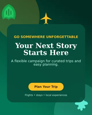 Botanical Travel Agency Offer Poster — editable black travel and hospitality template, instagram portrait