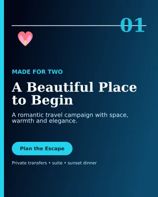 Editorial Honeymoon Package Offer Poster — editable black travel and hospitality template, instagram portrait
