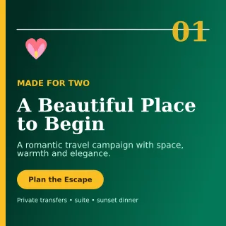 Editorial Honeymoon Package Social Post — editable black travel and hospitality template, instagram post
