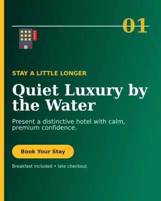Editorial Hotel Promotion Offer Poster — editable black travel and hospitality template, instagram portrait