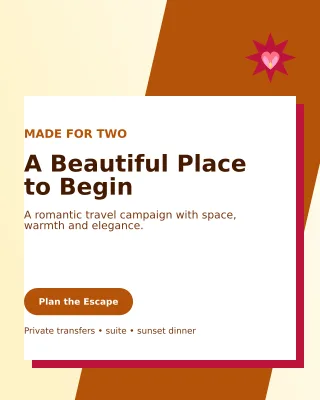 Neo Honeymoon Package Offer Poster — editable white travel and hospitality template, instagram portrait