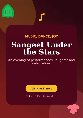 Botanical Sangeet Night Ceremony Poster — editable black wedding template, a4 print