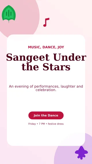 Botanical Sangeet Night Mobile Invite — editable white wedding template, story / reel