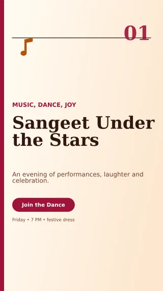 Editorial Sangeet Night Mobile Invite — editable white wedding template, story / reel