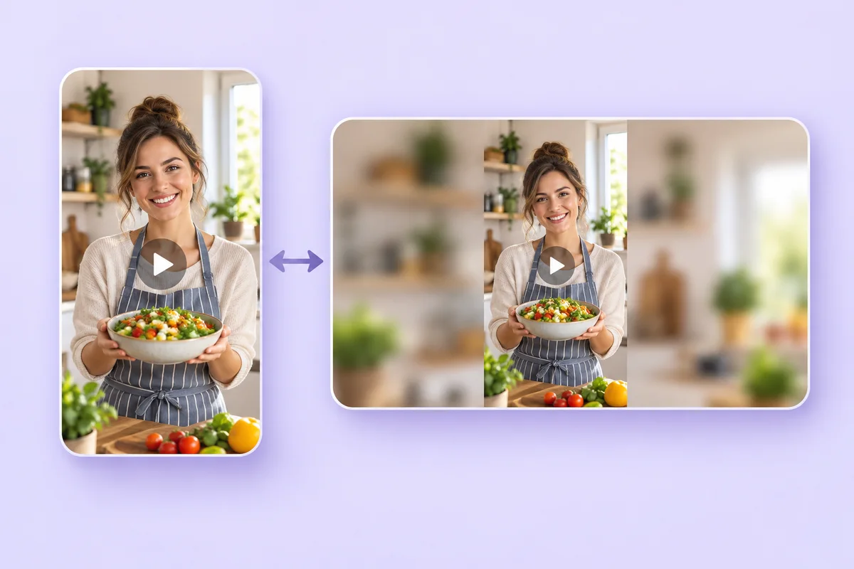 Illustration of a portrait cooking video fitted into a landscape frame with blurred sides