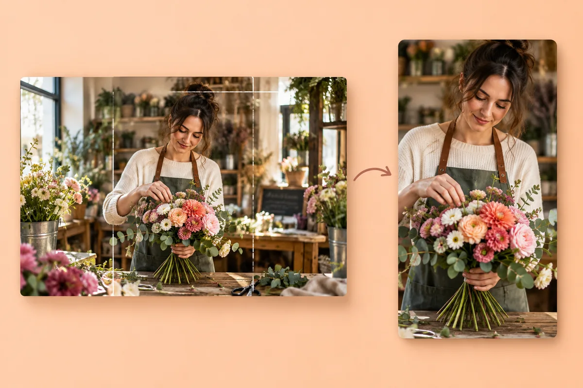 Illustration of a florist arranging a bouquet in horizontal and vertically cropped video frames.