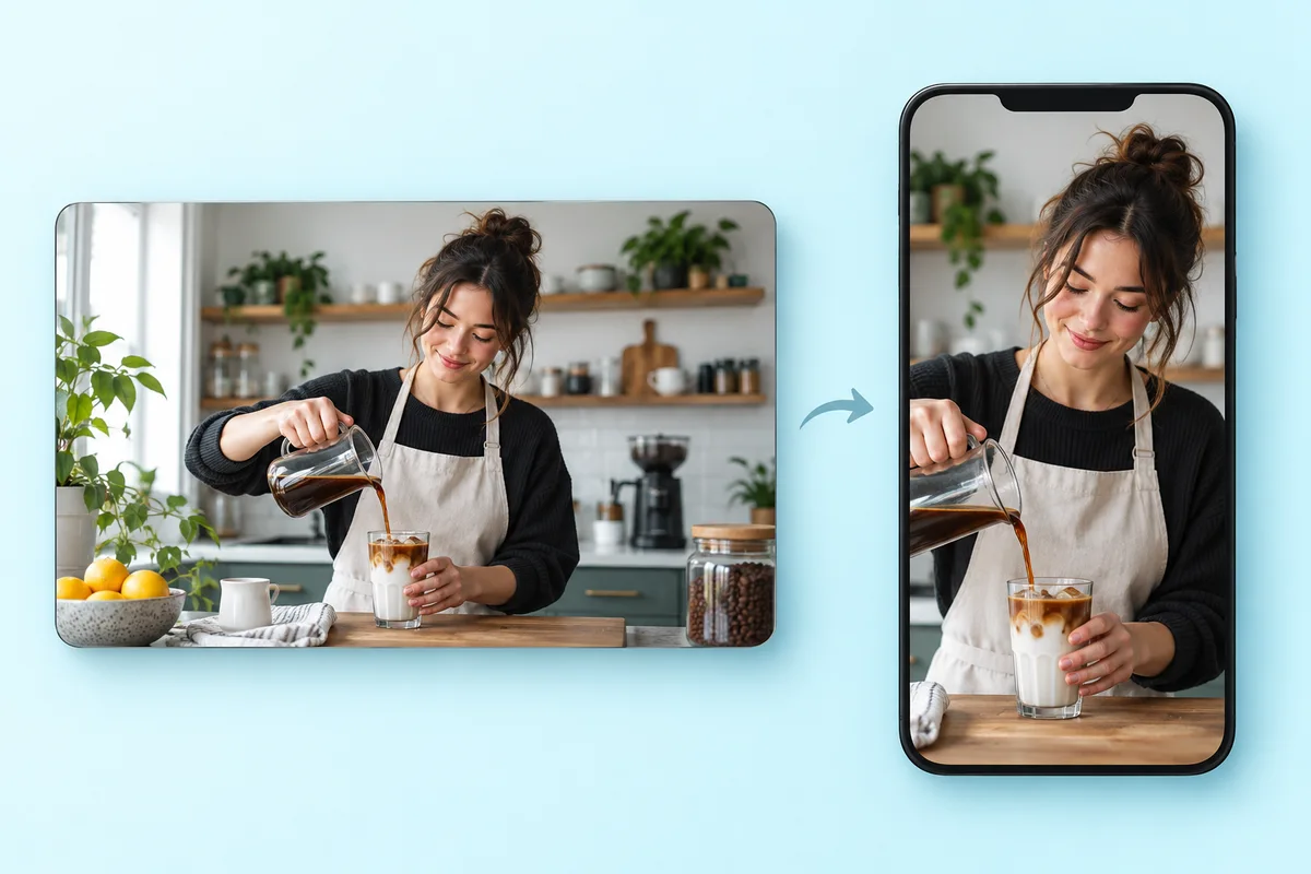 Illustration of a widescreen coffee-making clip reframed as a vertical creator video.