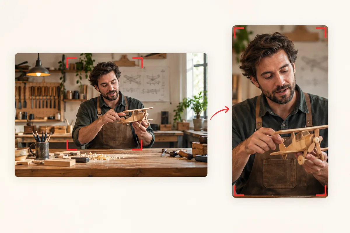 Illustration of a woodworking instructor and model airplane reframed from widescreen into a vertical video.